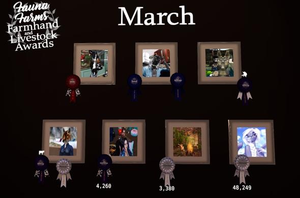 A screenshot of a brown wall with framed portraits hanging on it of the previous month's top performers in the #MuffinsMilker's game at Fauna Farms in #SecondLife.