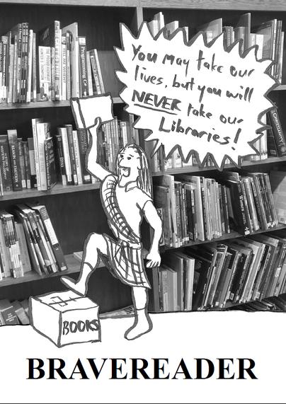A Kilted Scotsman, one foot up on a box filled with books. their right hand raised, clutching a book. Screaming: You may take our lives, but you will NEVER take our Libraries!