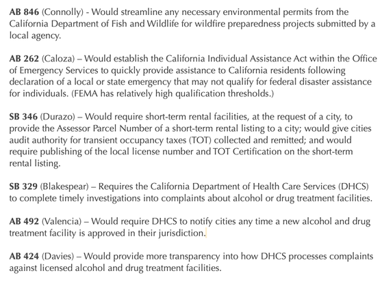 Screenshot of descriptions of six bills – AB 846, AB 262, SB 346, SB 329, AB 492, and AB 424 – that have the support of the City of Thousand Oaks.