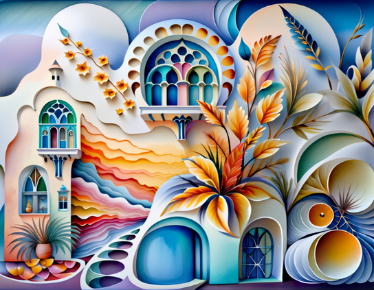Surreal stylized fantasy castle with colorful windows, flowing flower-like shapes, and a dreamy sky in orange, blue, and teal.