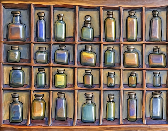 An apothecary cabinet of whimsical glass bottles in pastel greens, yellows, and blues arranged in wooden cubbies. Illustration style.