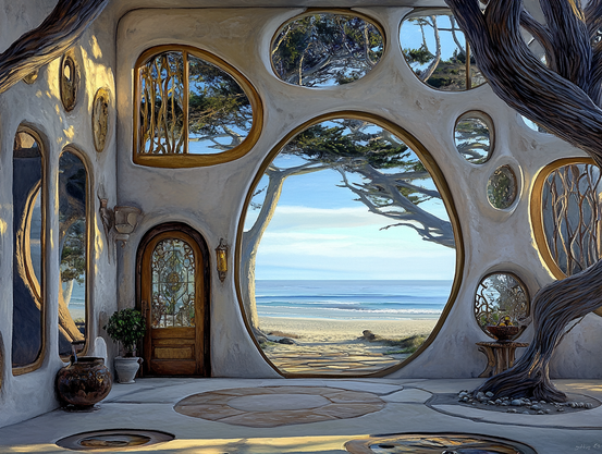 An airy, organic-style atrium of a beach house, in afternoon sunlight, with curved windows and white plaster walls, opening to a sandy beach and blue ocean.