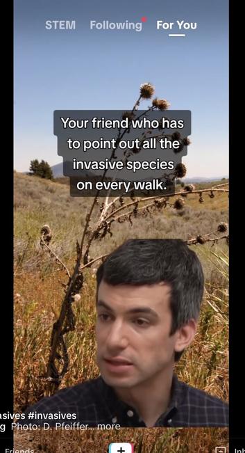 Screenshot of a TikTok caption, “Your friend who has to point out the invasive species on every walk.”