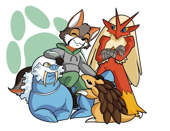 William the Grey Fox dressed in his sweatsuit greys, as he relaxes upon his Walrein as he gives his Sandshrew a pat. His Blaziken stands beside looking a little cross as they seem to be looking for a little attention as well.