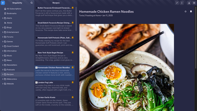 A screenshot of an RSS reader in a 3-column layout. The background is a lightly desaturated dark blue tint.

The content of the articles onscreen is a list of bookmarked recipes, with an article titled "Homemade Chicken Ramen Noodles" in the main pane