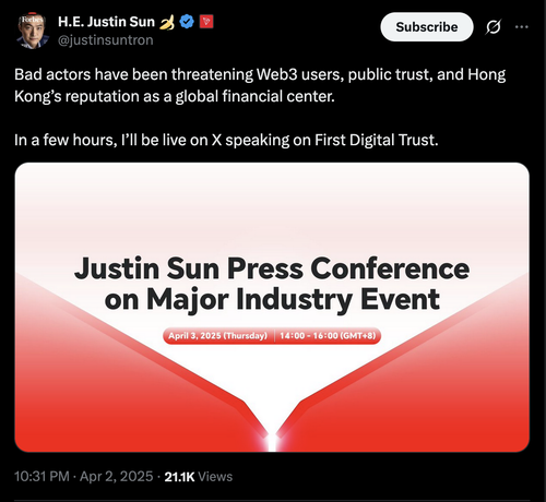 justinsuntron
Bad actors have been threatening Web3 users, public trust, and Hong Kong’s reputation as a global financial center.
In a few hours, I’ll be live on X speaking on First Digital Trust.