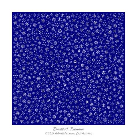 A flurry of snowflakes swirl in this homage to winter. Each snowflake is created using a random process and are packed within the image using a bespoke packing algorithm so that no snowflake intersects another.