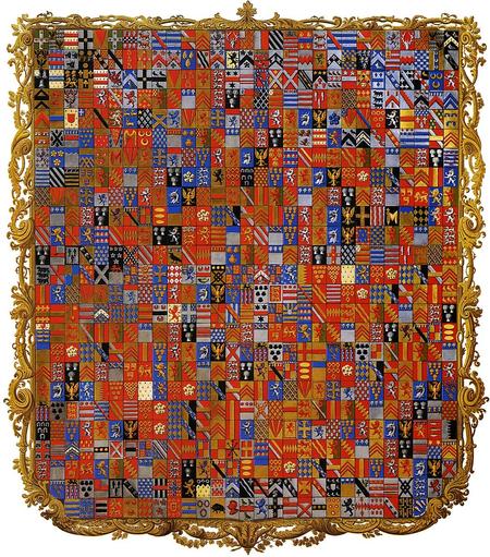 Painting of the Stowe Coat of Arms showing 719 quarterings of the Temple, Nugent, Brydges, Chandos and Grenville families, including ten variations of the English Royal arms, the arms of Spencer, De Clare, Valence, Mowbray, Mortimer and De Grey.