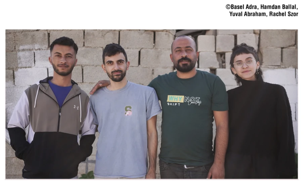 Les 4 réalisateurs/réalisatrices: de gauche à doite: Basel Adra, Yuval Abraham, Hamdan Ballal et Rachel Szor