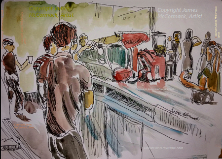 Cafe.
G
Watercolour.
A busy coffee shop in São Paulo, Baristas serve expresso, café, coffee, to couples, families, the general public.