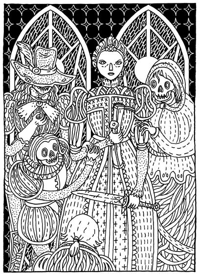 A black-and-white illustration in a Gothic style depicting a regal woman in elaborate Elizabethan clothing holding a scroll and a dagger. Surrounding her are eerie skeletal figures in period attire, including a ruffled noble with a skull face, a hooded specter, and a masked individual with a feathered hat. The background features arched windows with intricate patterns and a night sky filled with stars.