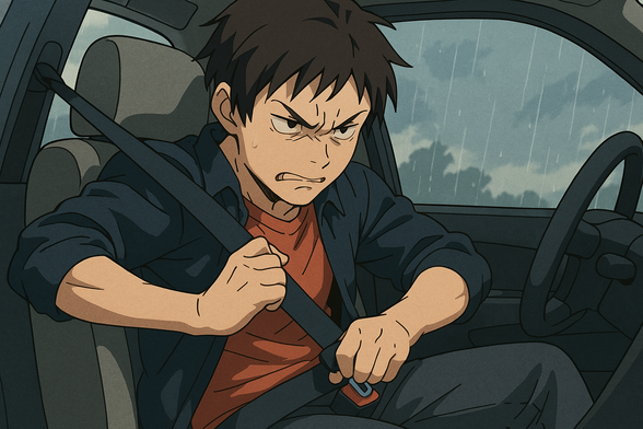 A person makes itself ready for a crash while sitting in the car