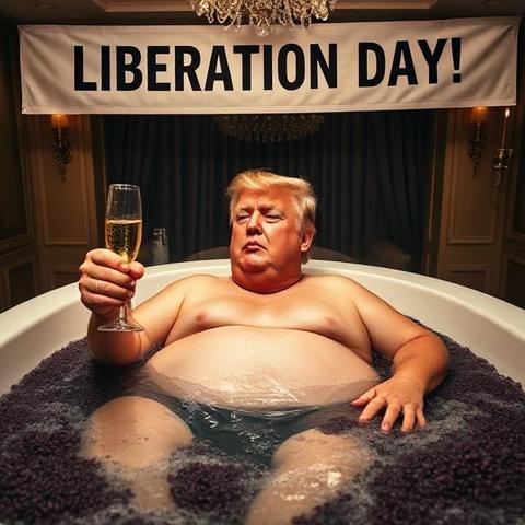Donald Trump drinks a glass of champagne in a hot tub filled with caviar. Behind him on the wall hangs a banner that reads "Liberation Day."