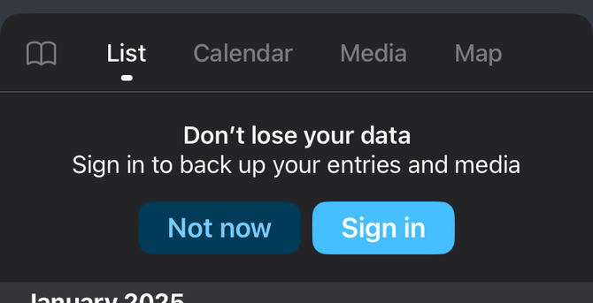 A screen shot of an iOS journaling app asking me to sign in, with the options “Not Now” and “Sign In.”