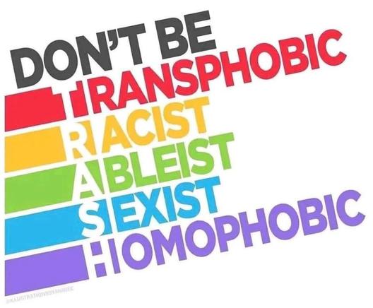 DON'T BE
TRANSPHOBIC
RACIST
ABLEIST
SEXIST
HOMOPHOBIC
Leicht schräg in Regenbogenfarben geschrieben