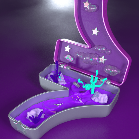 Rendering showing the toy box from an angle. You can see the whole scene, including the glitter clouds inside the top part.