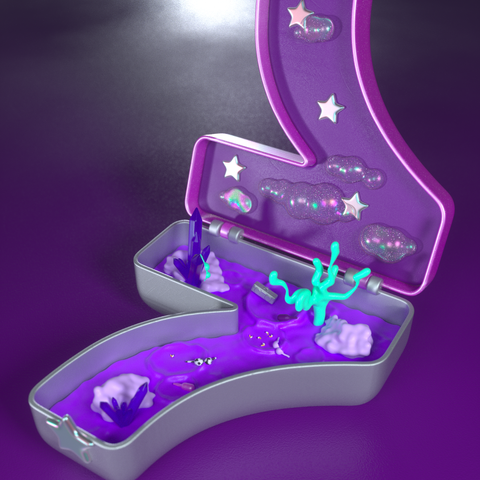 Rendering showing the toy box from an angle. You can see the whole scene, including the glitter clouds inside the top part.