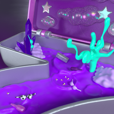 Closeup of the scene showing some leftover cigarettes, wine bottles, an alien plant, a crystal, and some bras.