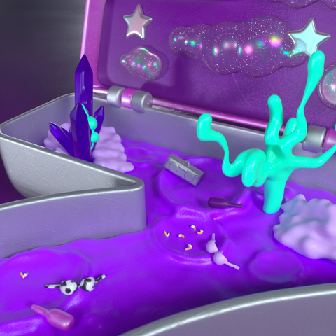 Closeup of the scene showing some leftover cigarettes, wine bottles, an alien plant, a crystal, and some bras.