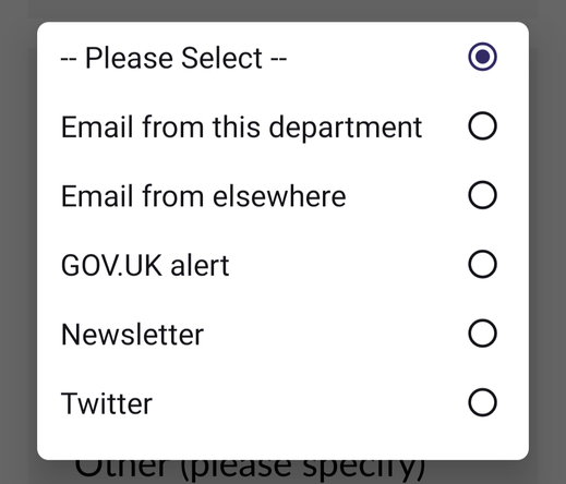 A list of the options given to respond question email from this department,  email from elsewhere, government UK alert, newsletter, Twitter