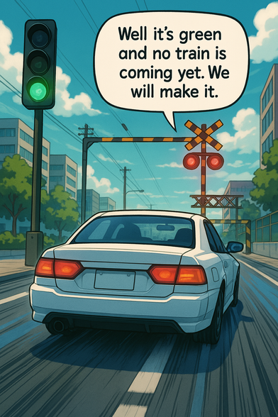 A car driving through the railway crossing with red light as train is not coming yet