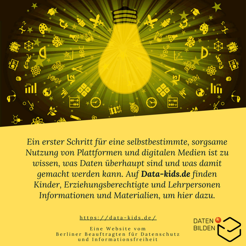 Oben ist eine große Glühbirne die Lichtstrahlen ausschickt. Davon werden viele unterschiedliche Symbole beleuchtet, wie ein Piktogramm von Menschen, einer Grafik, einer Pflanze, einer Uhr, einem Globus, einem DNA-Modell, einem Mikroskop und Sternen. Darunter steht der Text, der auch als Post-Text verwendet wurde.