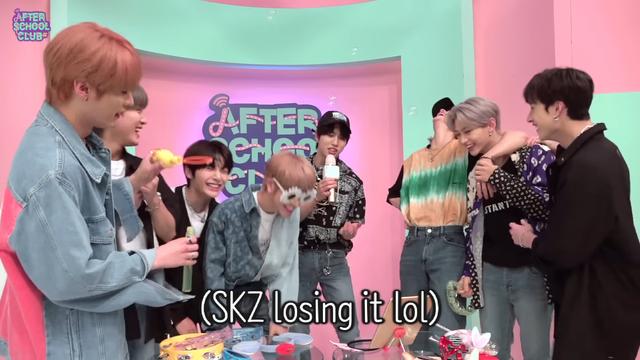 Han sings while the rest of skz cracks up. Caption: (SKZ losing it lol)