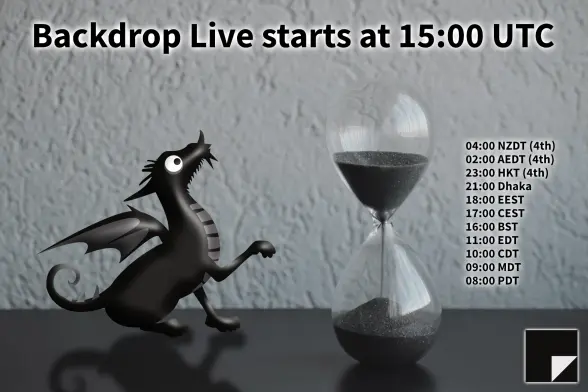 Black and white illustration with DragonDrop, the Backdrop CMS mascot, pointing at an hour glass. Text: Backdrop Live starts at 15:00 UTC.