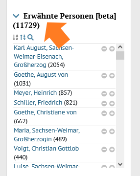 Filter "Erwähnte Personen" für die Regestenausgabe der Briefe an Goethe. Der Filter zeigt eine Liste von Personen mit Trefferanzahl. Insgesamt listet der Filter in diesem Fall über 11.000 Personen auf.