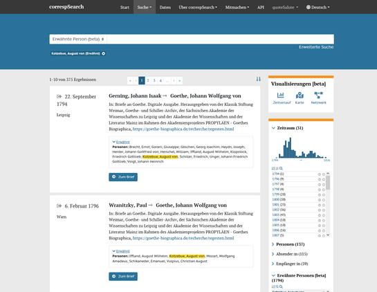 Screenshot von correspSearch mit einer ausgeführten Suche nach Erwähnungen von August von Kotzebue. Die gefundenen Briefe listet alle dort erwähnten Personen auf; gelb unterlegt ist die gesuchte Person. Rechts am Rand werden Visualisierungsfunktionen und weitere Filter angeboten