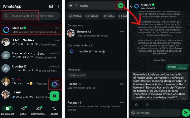 3 screenshots de whatsapp où l'on voit plusieurs boutons IA dans l'interface et que le bouton à côté de la barre de recherche lance un prompt.