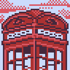 A view of the top part of a K2 red telephone box, imagined as 48 x 48 pixel art (resized to 144x144)