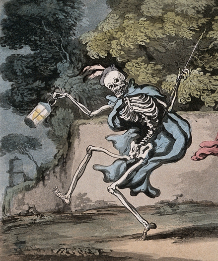 drawing: a dancing skeleton with a lantern