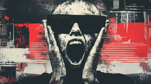 Chambre d’écho.
Cri figé d’un personnage en lunettes noires, déformé par des textures brutes et des éclats rouges, dans une ambiance chaotique et oppressante.
Frozen scream of a figure in black sunglasses, distorted by raw textures and red bursts, in a chaotic and oppressive atmosphere.