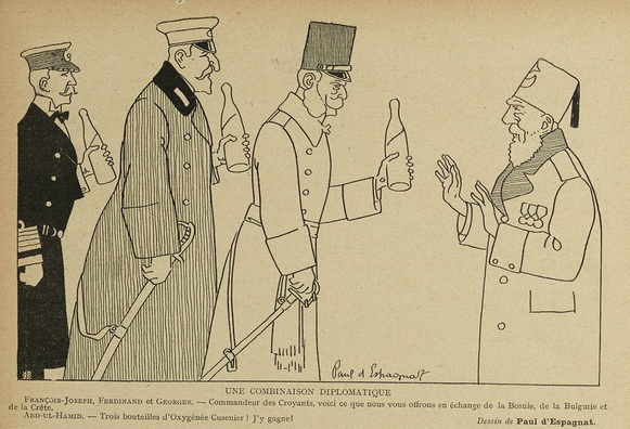 This image shows a sketch, black on yellowish paper. It shows, on the very right, the Ottoman sultan Abdul Hamid II. He wears a uniform, with medals and a fez, holding up both hands. To his left are three men, each of them holding up a bottle. These three men named as François-Joseph, Ferdinand and Georges, presumably Franz Joseph I of Austria, Ferdinand I of Bulgaria and George I of Greece. The image has the title "A diplomatic combination".

Below the image, it says, in French: "Franz Joseph, Ferdinand and George: Commander of the Believers, this is what we offer in exchange for Bosnia, Bulgaria and Crete. Abd-ul-Hamid: Three bottles of Oxygénée Cusenier! I win!"

This image was published in "Le Sourire" on the 28.11.1908, p. 10.