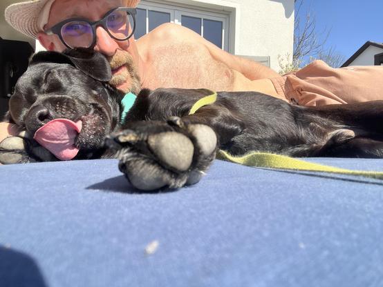 Ein Mann mit einem Bart und einer Sonnenbrille liegt entspannt auf einem blauen Tuch im Freien. Er hat einen Hut auf und trägt keine Kleidung außer einem rosa Hosenbein. Neben ihm liegt ein schwarzer Hund mit einem grünen Halsband und einem gelben Leinen, der mit geschlossenen Augen und herausgestreckter Zunge friedlich schläft. Der Hund ruht seinen Kopf auf dem Arm des Mannes. Im Hintergrund ist ein weißes Gebäude mit einer Fensterfront zu sehen, und der Himmel ist klar und blau.

Bereitgestellt von @altbot, privat und lokal generiert mit Ovis2-8B

🌱 Energieverbrauch: 0.159 Wh
