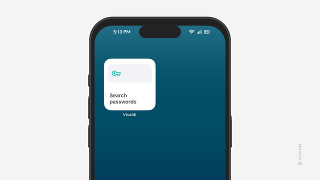 iPhone のホーム画面で Vivaldi のパスワードマネージャーウィジェットが表示されている