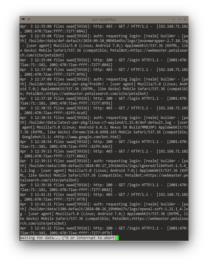swad log output showing bots trying unauthenticated access