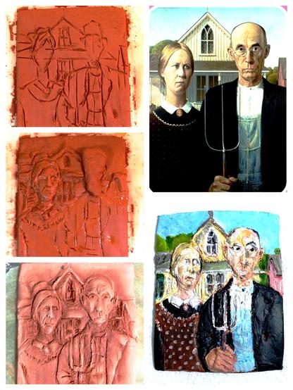 Die Fotocollage aus fünf Fotos zeigt den Fortschritt bei der Fertigung einer halbplastischen Hommage an Grant Wood für seine "American Gothic" aus Keramikmasse und deren abschließende Bemalung. Zum Vergleich wird oben rechts das Original von Wood noch einmal über meine plastische Version in deren Endfassung gestellt.