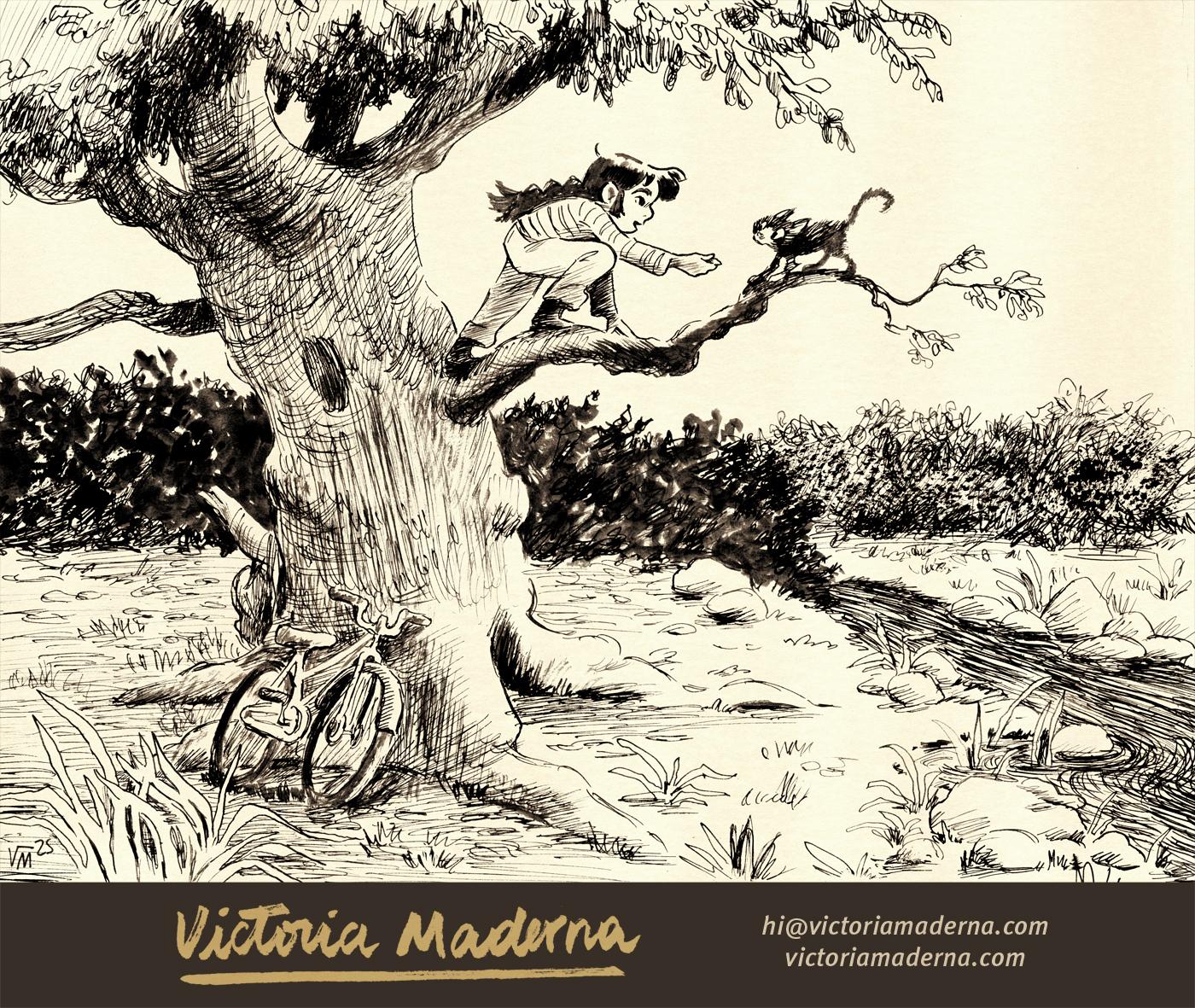 Ink drawing by Victoria Maderna depicting a girl climbing on an old tree branch and offering a treat to a cat.