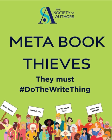 META BOOK THIEVES 
They must #DoTheWriteThing
On a green background, drawings of people with protest placards across the bottom