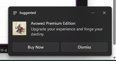 Unoslicited Ad on Windows 11 Pro for a Microsoft game.