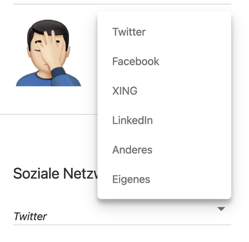 Screenshot der Auswahl in der Kontaktverwaltung von Tuta-Mail Soziale Netzwerke. Twitter, Facebook, Xing. Hachja.