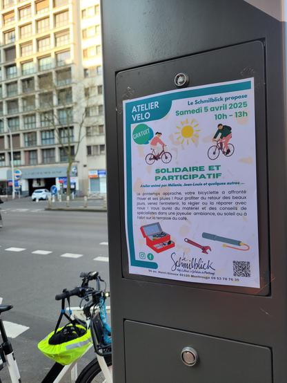 Affiche indiquant le prochain atelier vélo solidaire et participatif le samedi 5 avril 2025 de 10h à 13h au Schmilblick à Montrouge