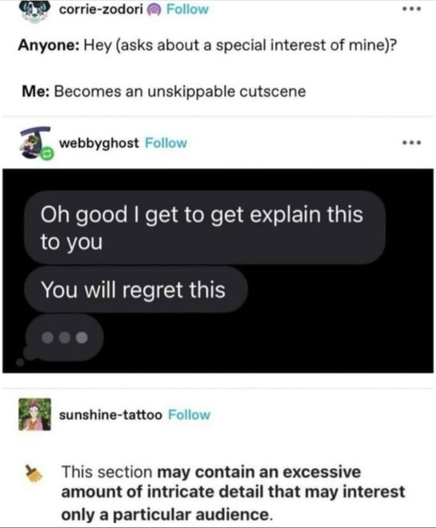 A Tumblr thread that reads:

@corrie-zodori:
@Anyone: Hey (asks about a special interest of mine)?
Me: Becomes an unskippable cutscene

@webbyghost:
Oh good | get to get explain this to you
You will regret this

@sunshine-tattoo:
This section may contain an excessive amount of intricate detail that may interest only a particular audience .
