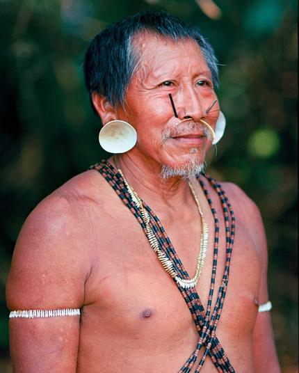 Portrait of a Matis man standing outdoors, adorned with traditional body ornaments. He wears large white disc earrings, multiple beaded necklaces, and thin wooden piercings through his nose. His bare chest is decorated with an armband made of small white pieces, and he has a calm, dignified expression, framed by short dark hair and a graying beard. The background is softly blurred greenery.