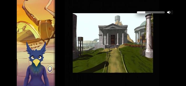 Screenshot from a Twitch stream, a grackle inspired bird vtuber is at the bottom left corner of the screen, looking focused.

We are in Myst, the game. A view of a Roman style library building is at the front with a pathway leading up to it with grass on either side. Several other buildings can also be seen in the scene partially, one has a dome roof, another is high on a mountainside. A blimp or classic finned space rocket style craft of some sort can be seen parked further way in the distance.

At the top right there is a Tetris levels to play counter, and a text indicating one of Tiasu’s songs is playing in the background. At the bottom right a follow goal is listed, having reached 667/666 for a playthrough of Myst.