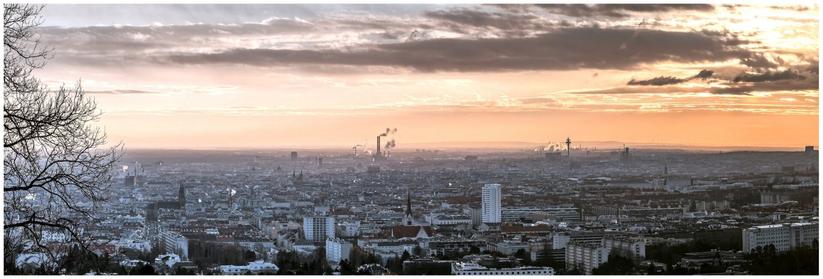 A wide panoramic shot of a sprawling cityscape under a dramatic sunset sky. The city, densely packed with buildings, stretches across the frame, fading into a hazy distance. In the foreground, a bare tree branch is silhouetted against the sky on the left. The sky is filled with layered clouds, transitioning from a soft orange glow near the horizon to a more subdued grey at the top.  Industrial smokestacks are visible emitting white plumes in the mid-ground.  The overall tone is atmospheric and serene.