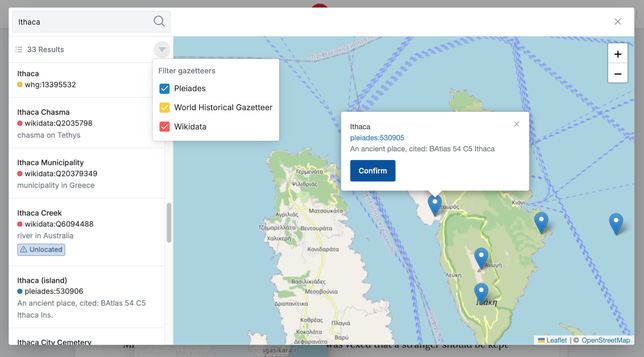 An example gazetteer search in the GeoTagging plugin for Recogito Studio.
