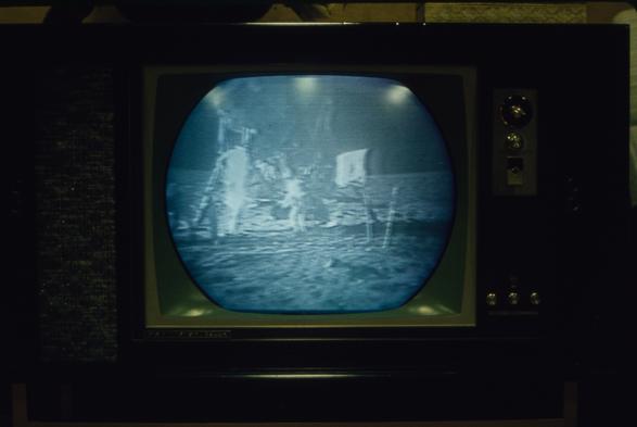 July 1969, The Apollo 11 Moon landing photographed from a television broacast